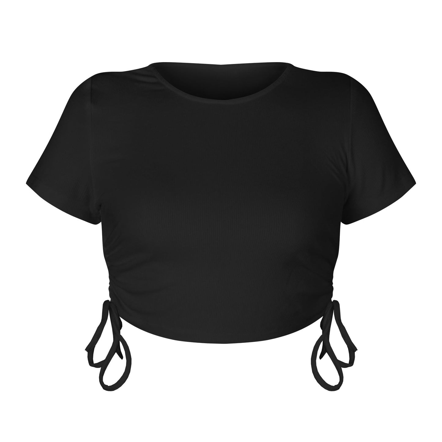 Cropped Drawstring Casual T-Shirt with Ribbed Fabric