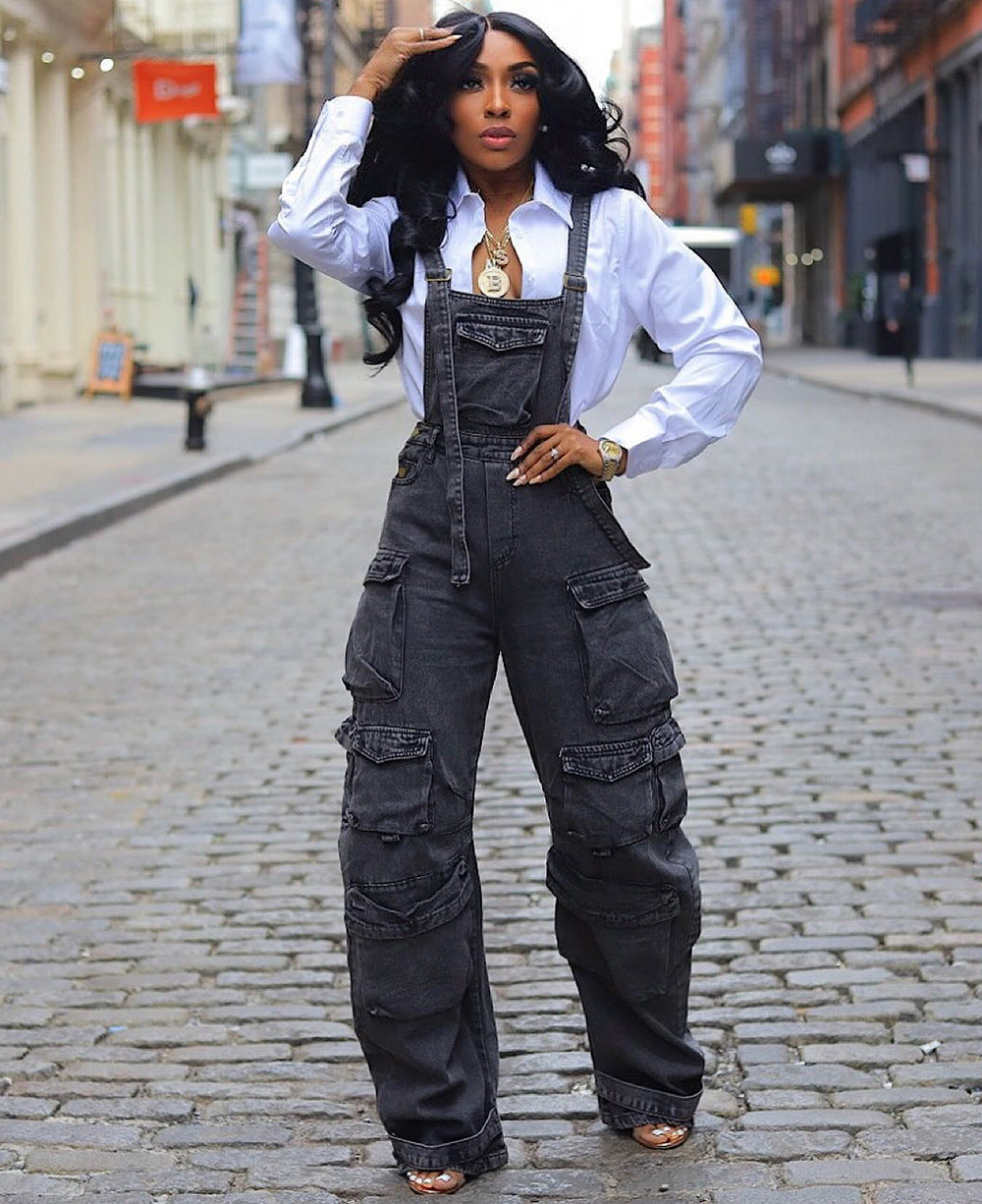 Loose Fit Denim Overalls With Pockets For Women