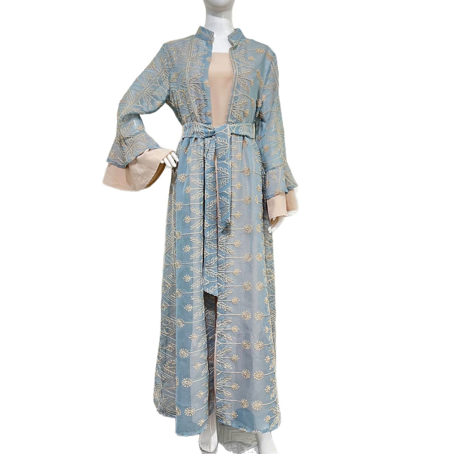 Elegant Long Sleeve Embroidered Dress with Cardigan