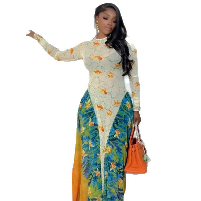Color Block A-Line Dress Long Sleeve Round Neck Casual Dress