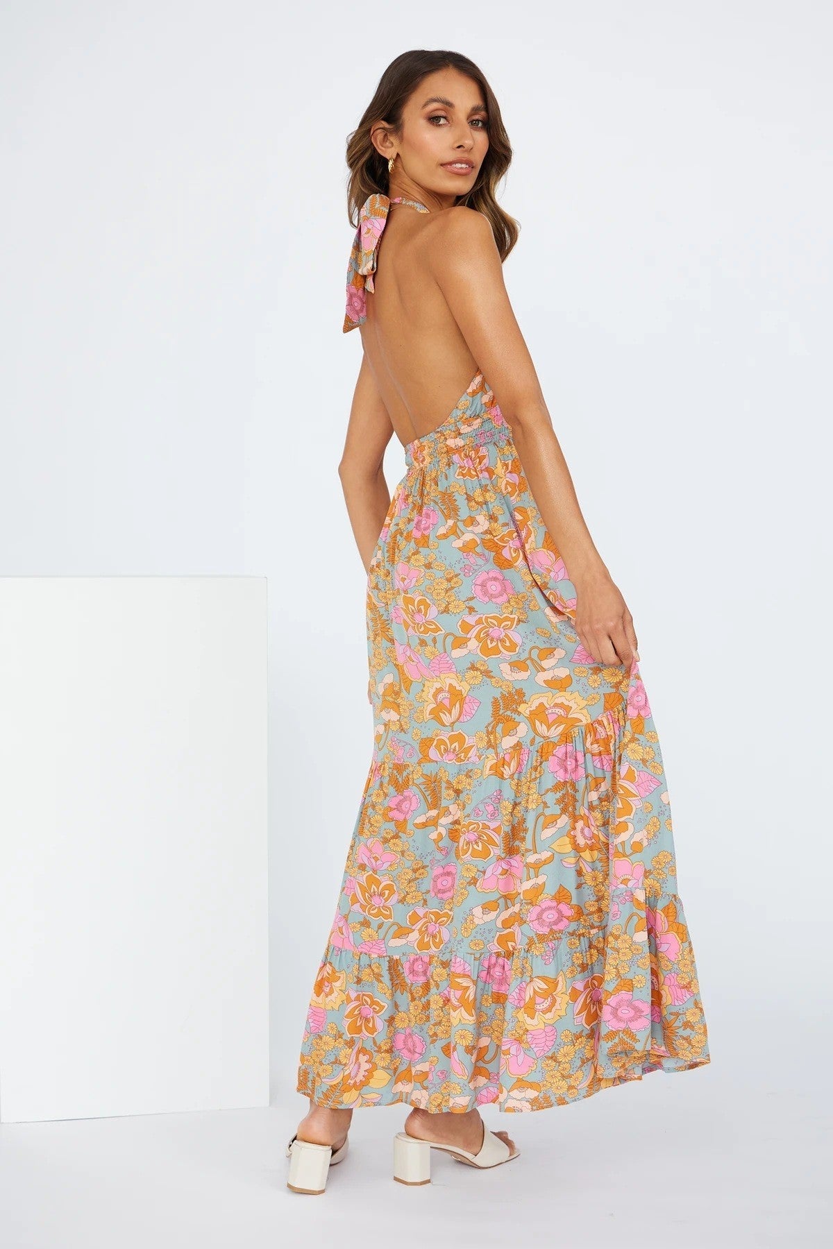 New Women'S Sexy Lace-Up Halterneck Split Print Resort Dress