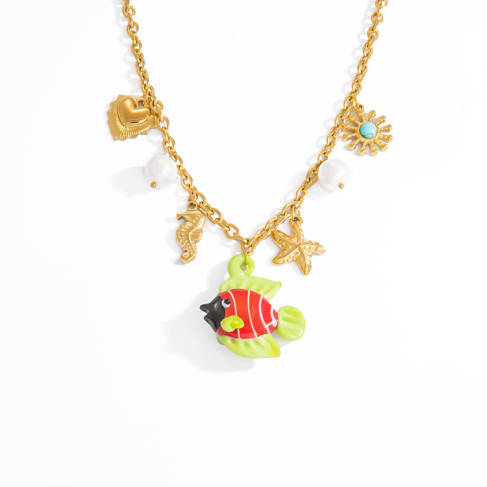 DIY Pearl Necklace Ocean Resort Style 18K Gold Starfish Shell Fish Pendant Fashionable Choker