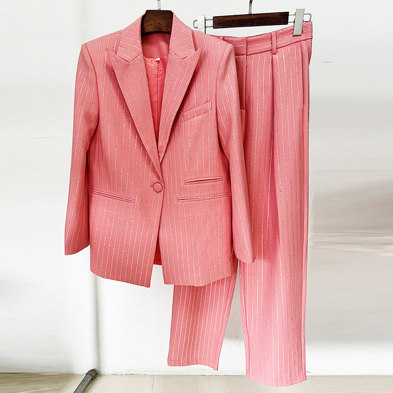 Elegant Crystal Rhinestone Suit Set With Long Pants
