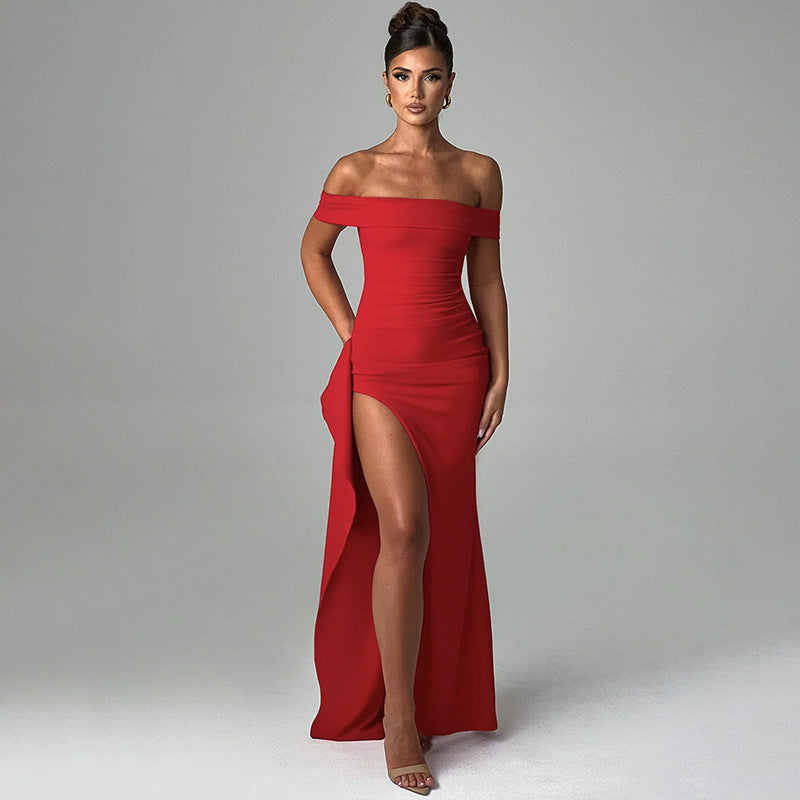 Off-The-Shoulder Slit Maxi Dress Elegant Bodycon Dress