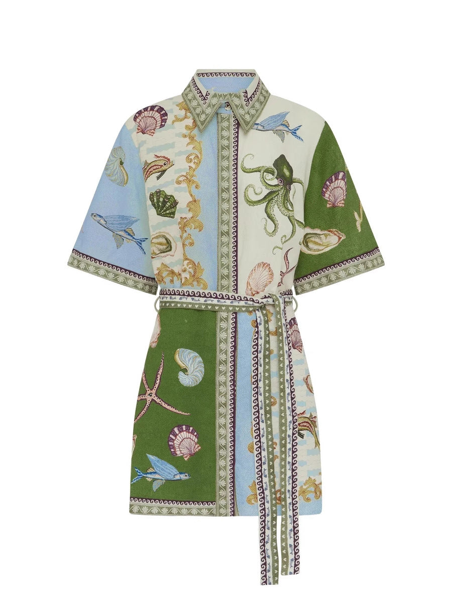 Casual Elegant Linen Shirt Dress with Animal Print