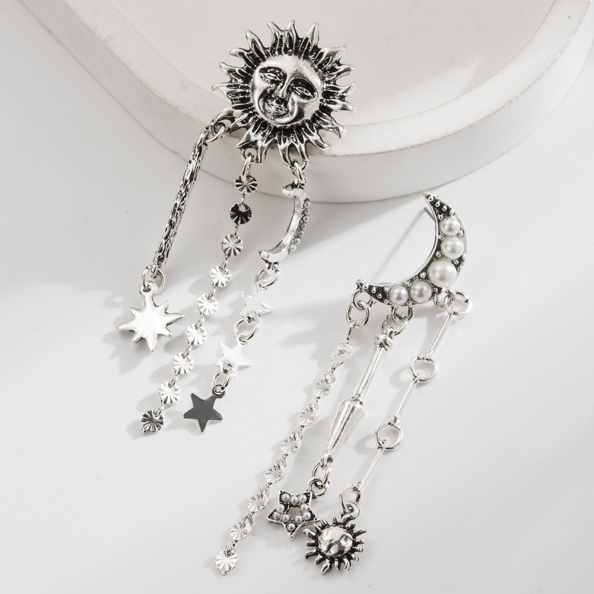 Vintage French Style Geometric Sunflower Moon Long Earrings