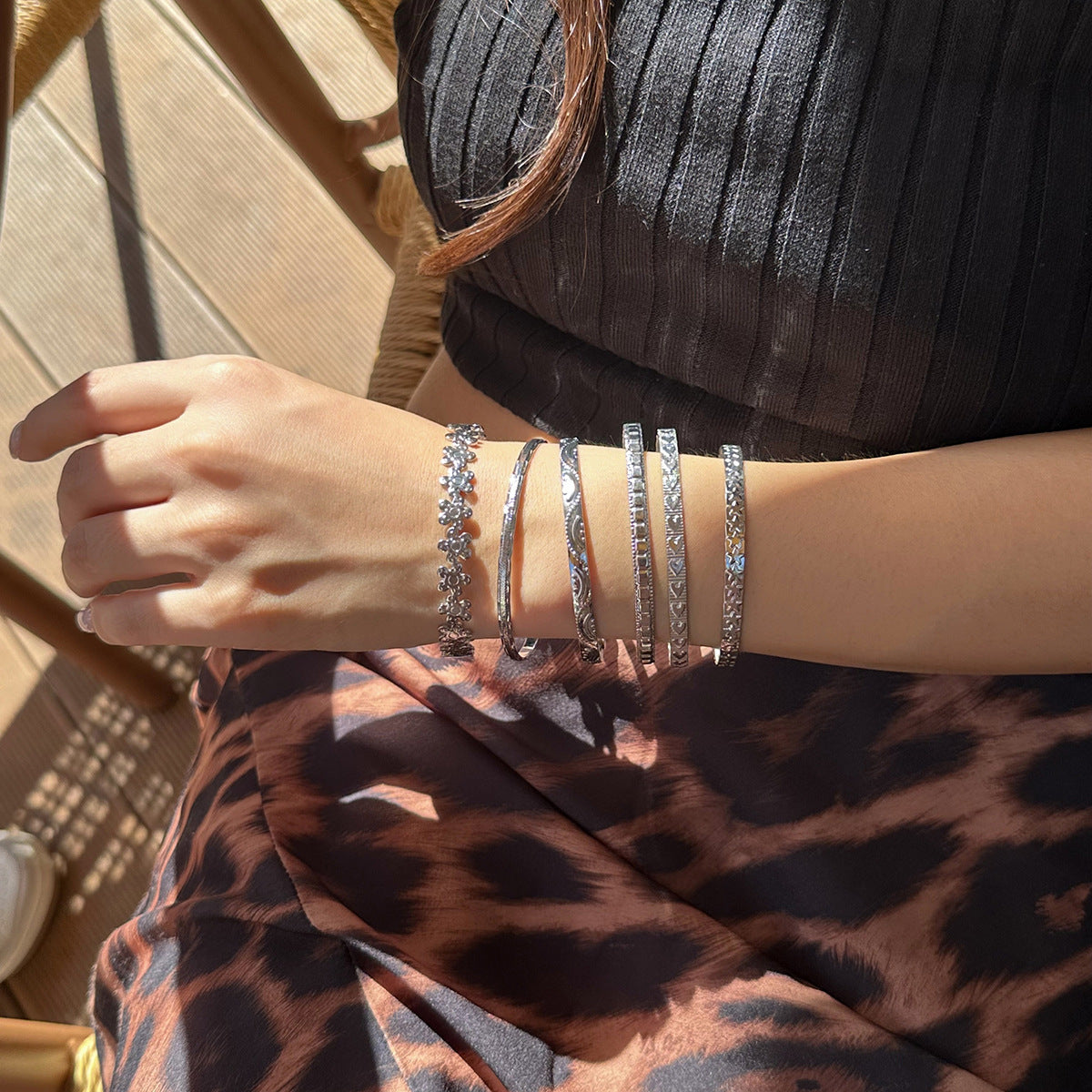 Trendy Floral Engraved Metal Bracelet Set