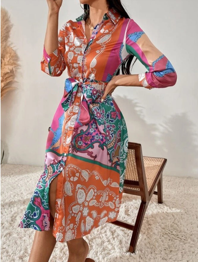 Women'S Lace-Up Print Polo Neck Midi Dress