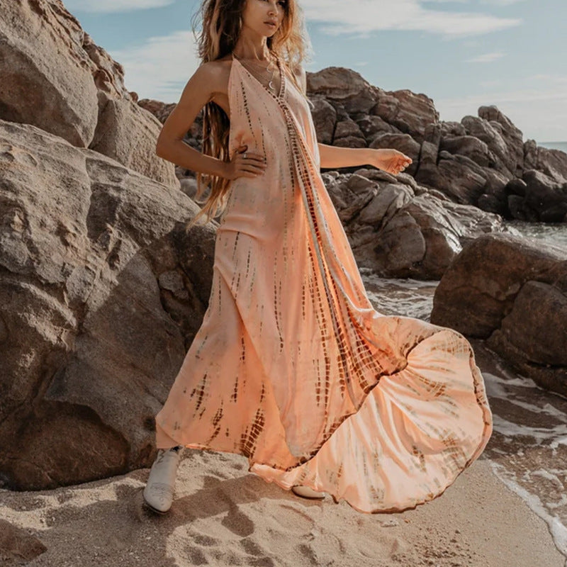 Summer Sexy Sleeveless Halterneck Lace-Up Open-Back Print Dress