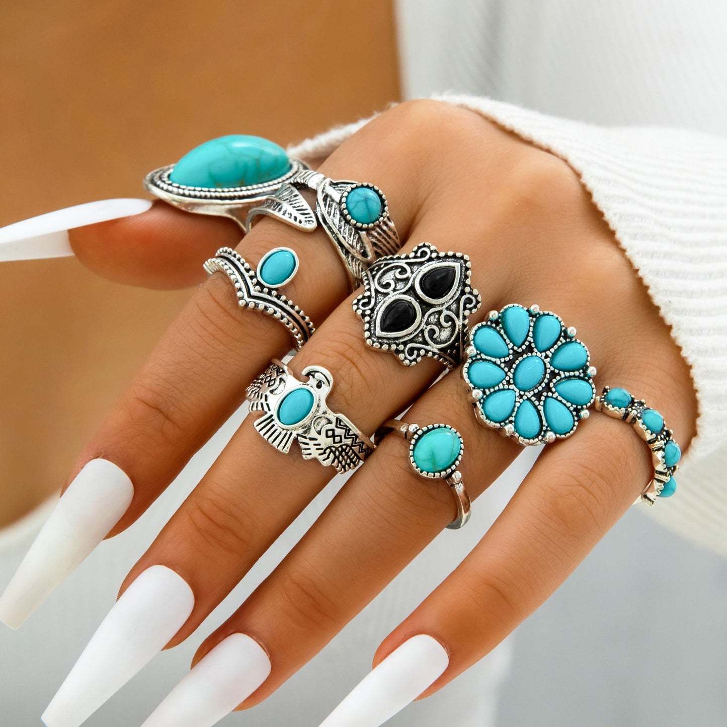 Bohemian Style Carved Feather Turquoise Ring Set