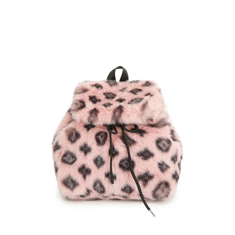Leopard Print Plush Backpack Soft Fur Drawstring Bag