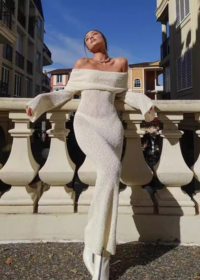 Off Shoulder Shimmer Knit Maxi Dress White