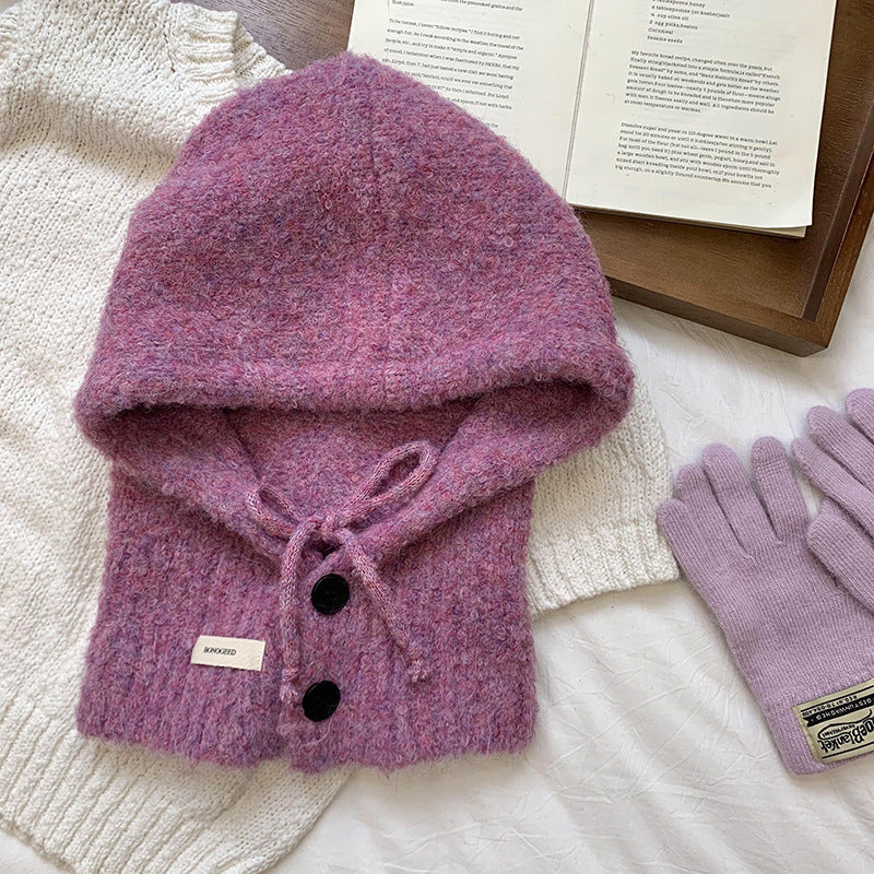 Solid Color Button One-Piece Hat & Scarf