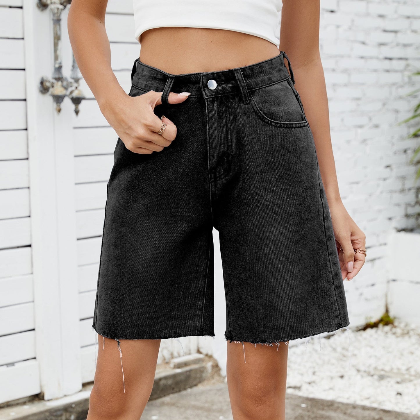 Washed Raw Hem Demin Bermuda Shorts