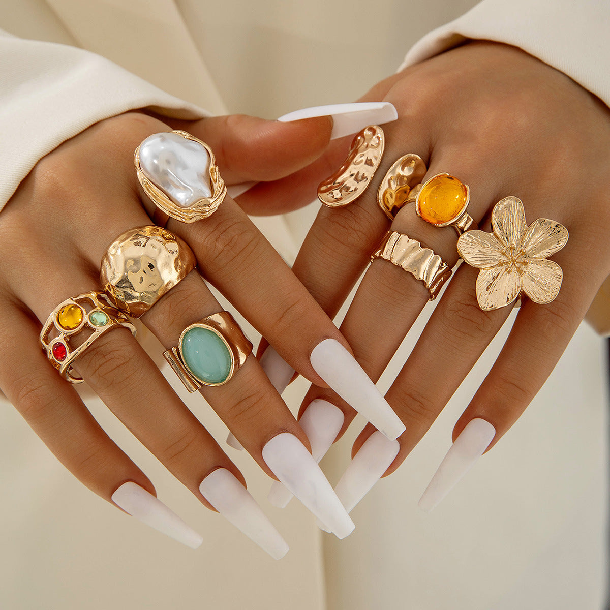 Flower-Decorated Pearl Ring Set Retro Baroque Geometric Rings