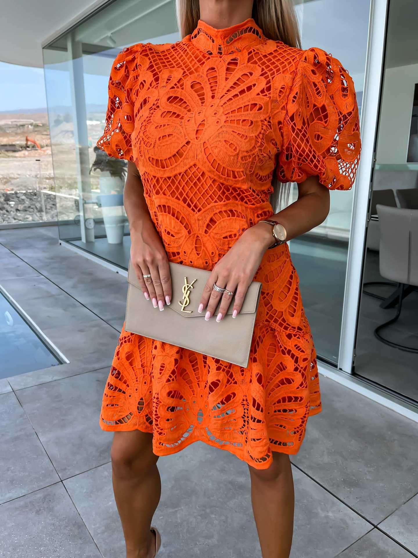 Elegant Hollow Lace Dress with Ruffles for Commuting