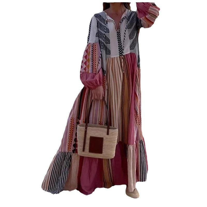 Vintage Floral Maxi Dress With Puff Sleeves For Casual Vacation