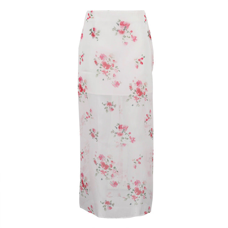 Digital Print Sheer High Waist Split Midi Skirt