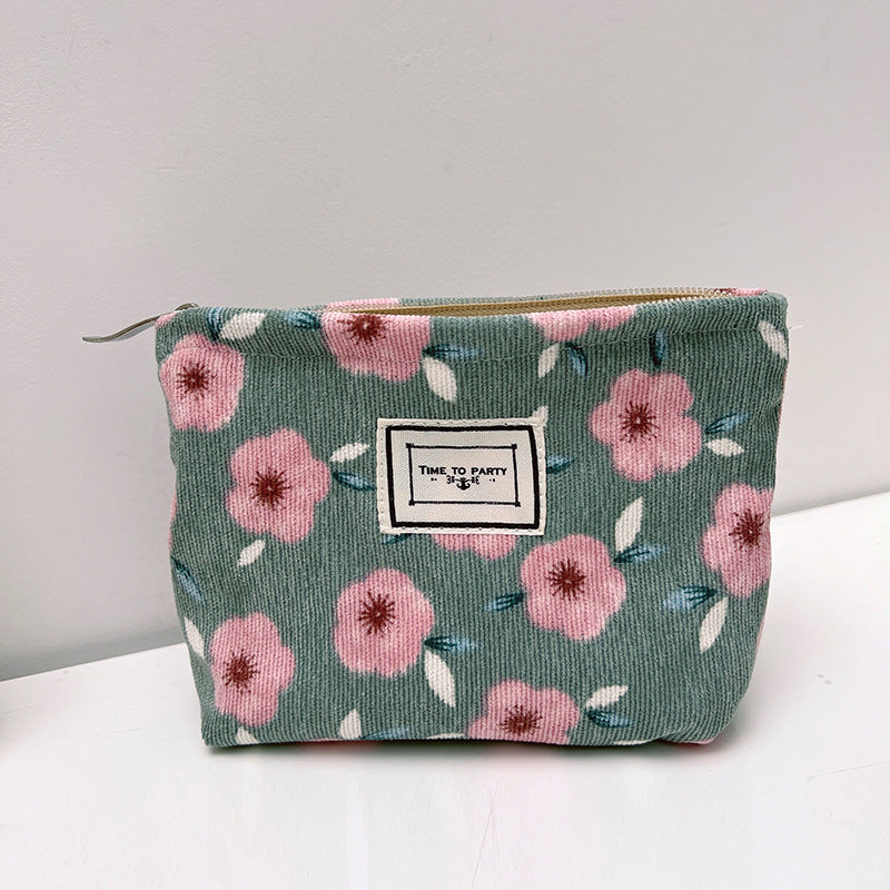 Corduroy Floral Zipper Makeup Bag Portable Travel Toiletry Organizer