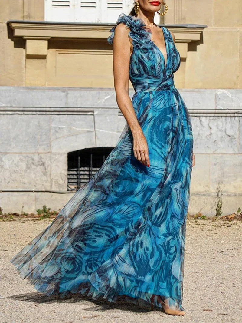 Floral Bohemian A-Line Dress With V-Neck And Long Sleeves