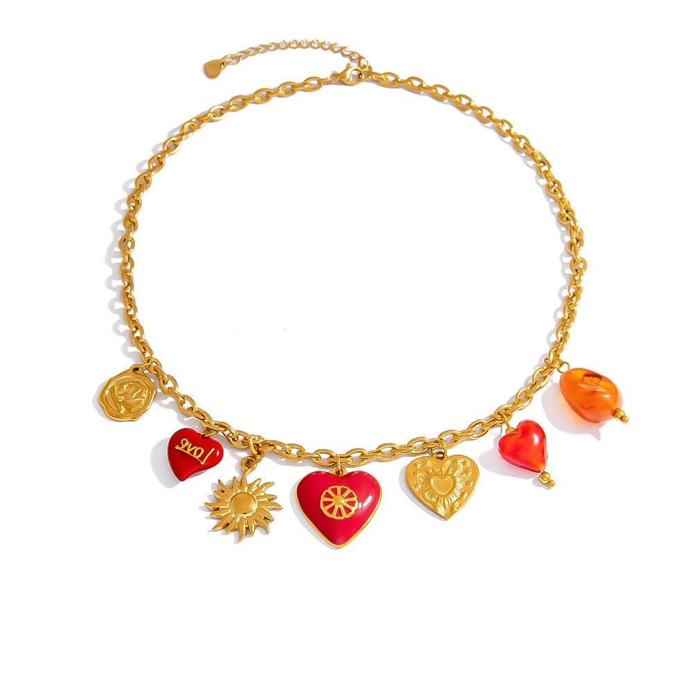 Heart Sun Pendant Stainless Steel Necklace Elegant Locking Clavicle Chain