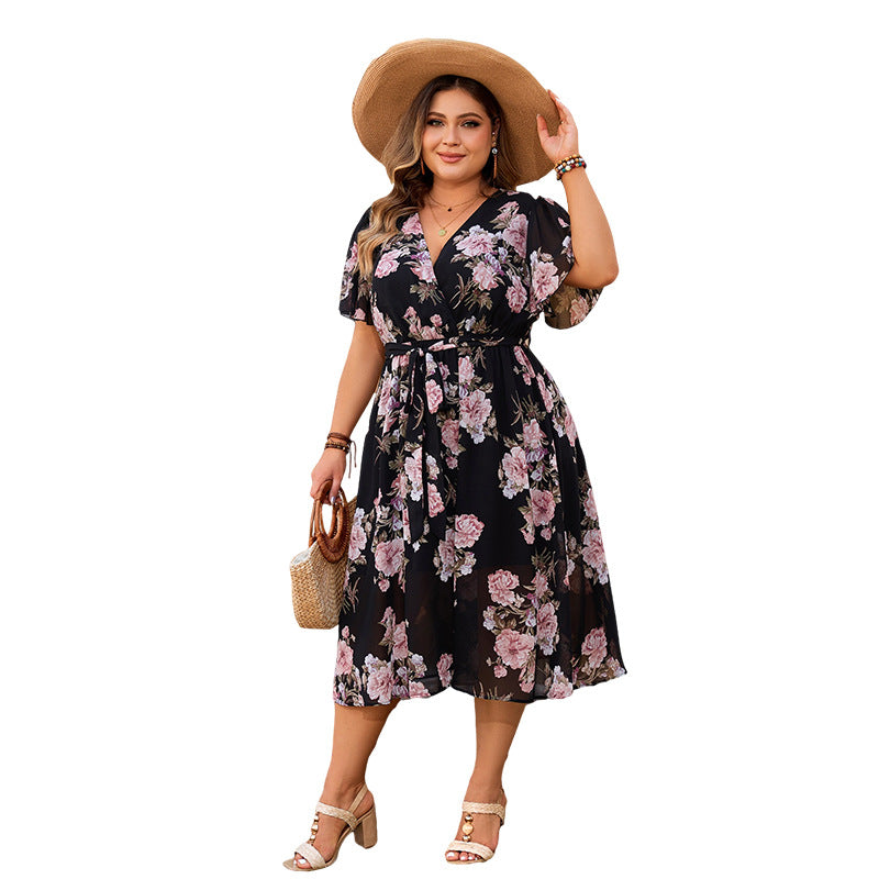 V-Neck Floral Maxi Dress with Short Sleeves