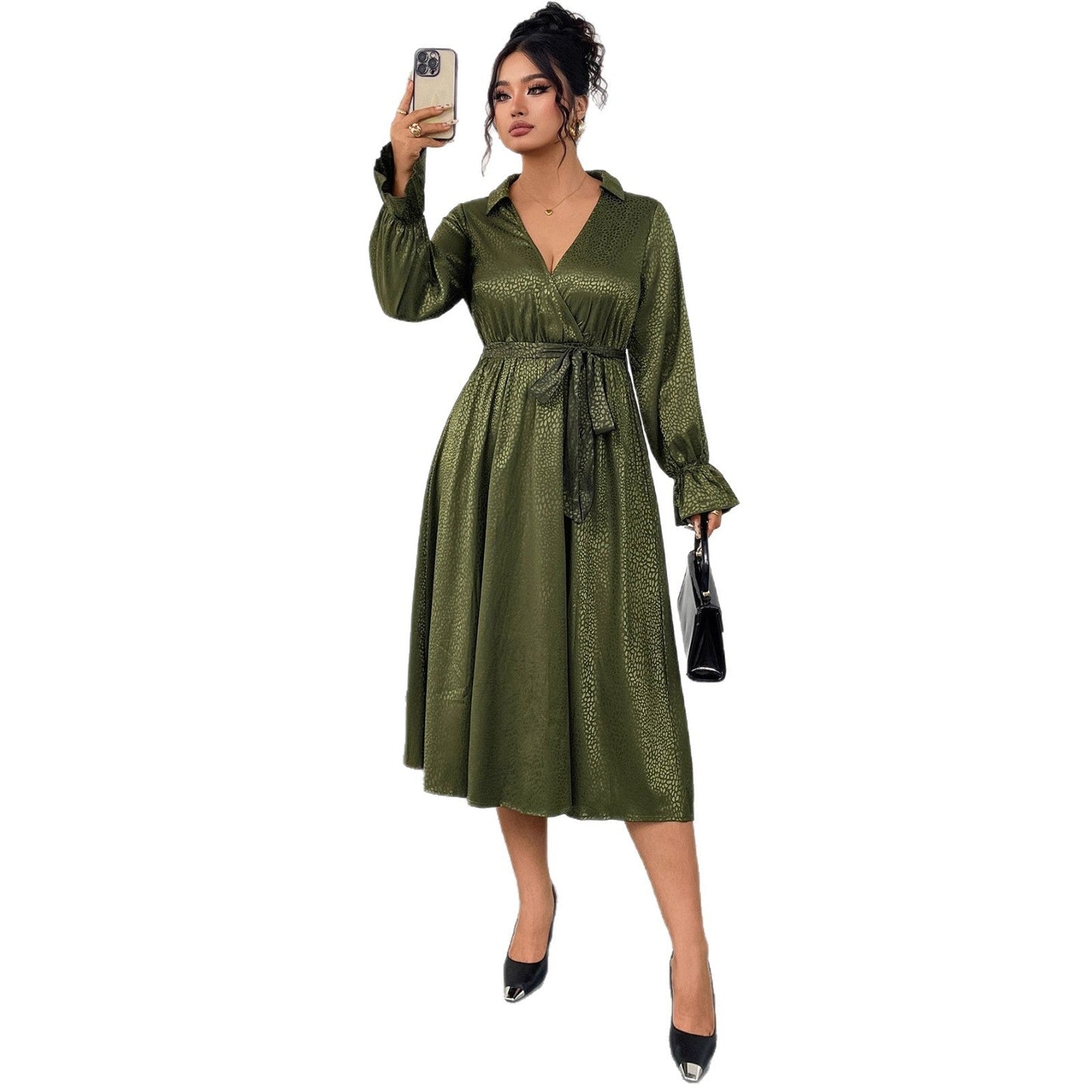 Elegant Vintage High-Waisted A-Line Dress With V-Neck