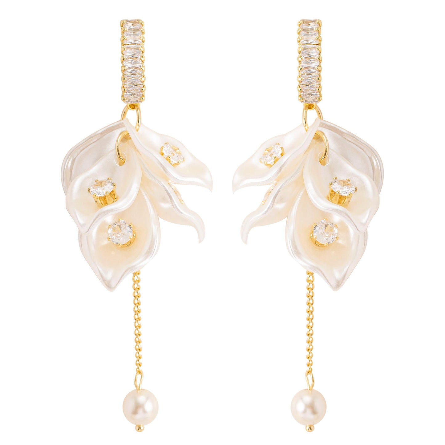 Floral Pearl Tassel Earrings With Zirconia Accents