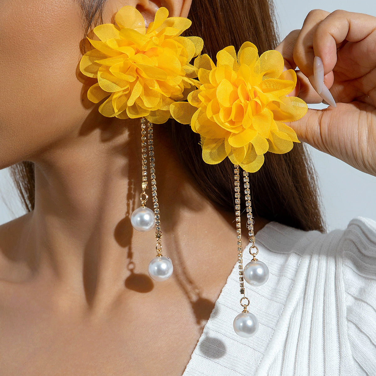 Exaggerated Flower Tassel Earrings With Faux Pearl For Women