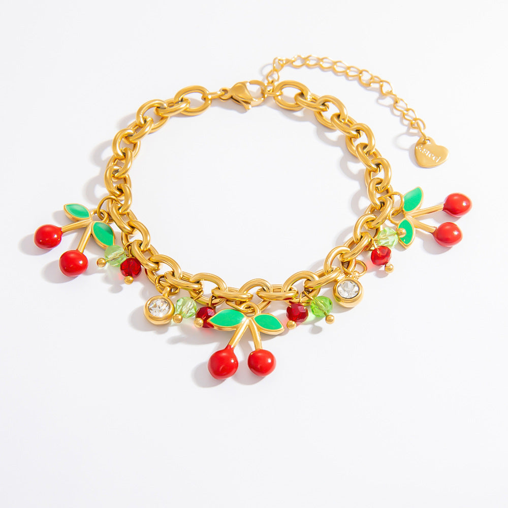 Cherry Pendant Stainless Steel Bracelet for Women Elegant Fashion Accessory
