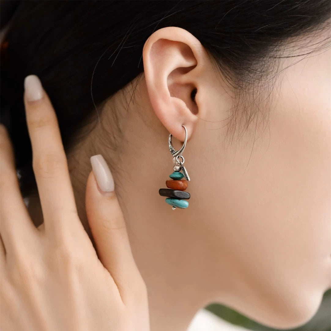 925 Silver New Tibetan Retro Turquoise Asymmetrical Earrings Beeswax Ear Hooks Female Bamboo Leaf Agarwood High Sense Versatile