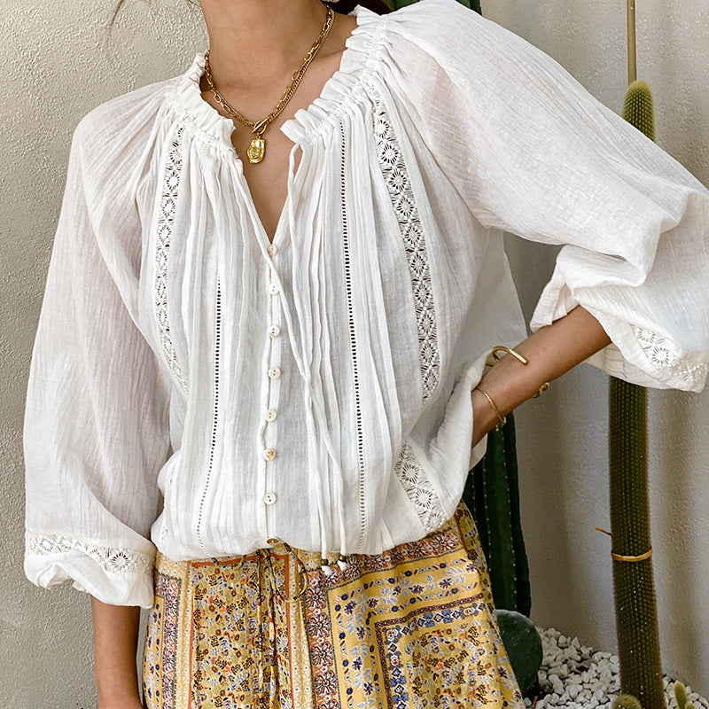 Long Sleeve Shirt Women'S French White Loose Blouse