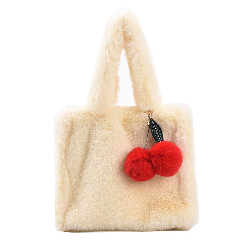 Trendy Plush Cherry Tote Bag Soft Handheld Shoulder Bag