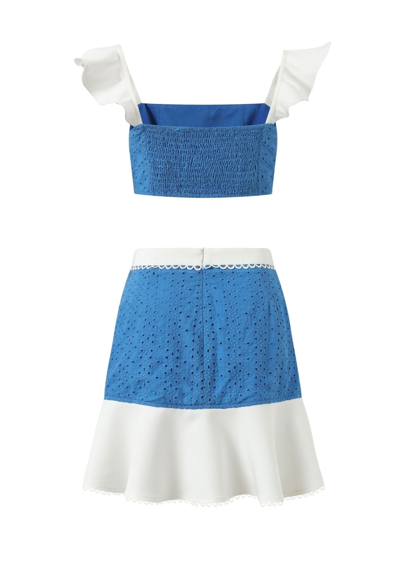 Blue Cotton Eyelet Ruffle Strap Skirt Set