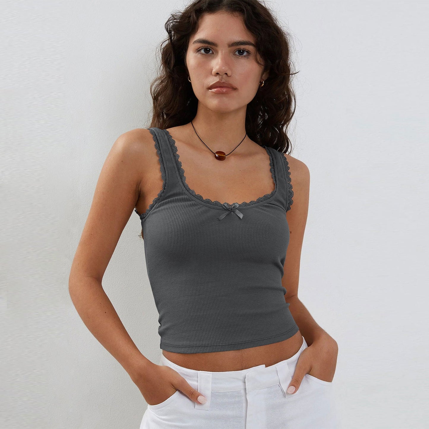 Stylish Lace Trim Knitted Crop Top