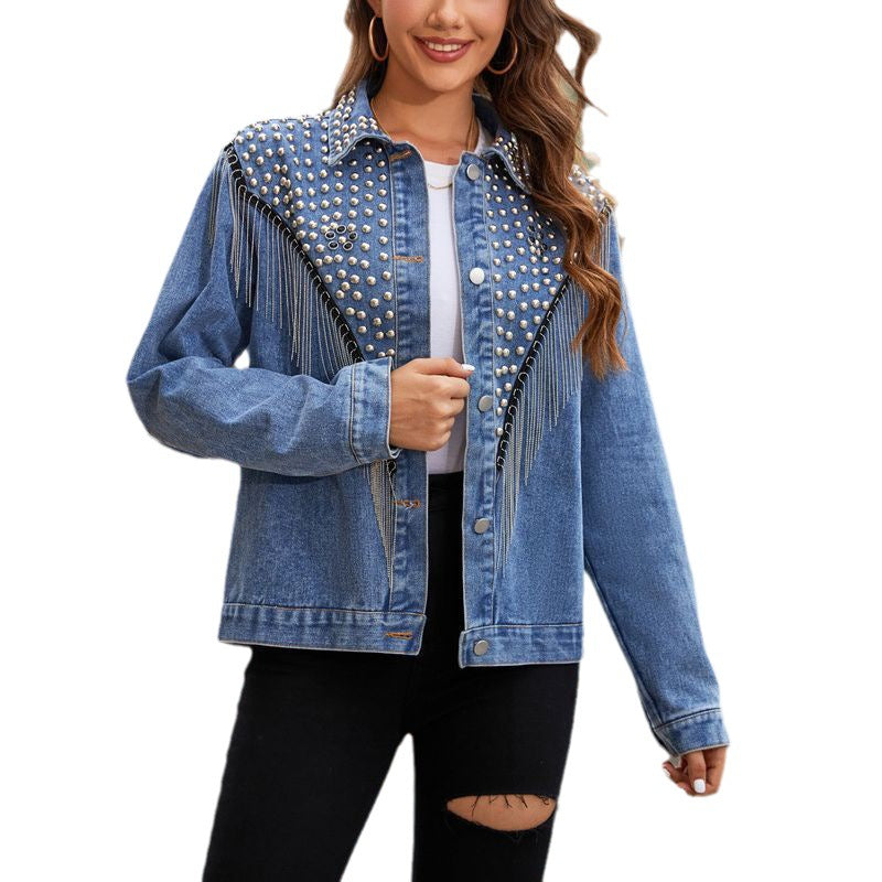 Stylish Denim Jacket With Rivets And Tassels