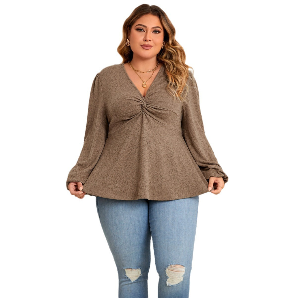 Casual V-Neck Long Sleeve Top For Plus Size Women