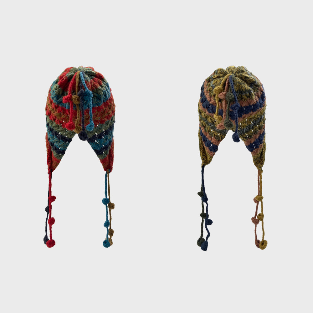 Vintage Tassel Pom Ear Flap Beanie Knit Hat