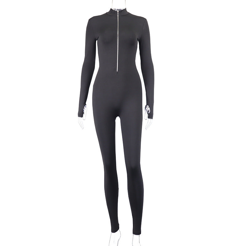 Casual Zipper Neck Long Sleeve Bodysuit High Stretch Slim Fit