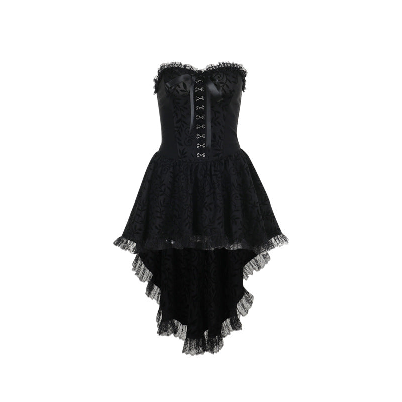 Black Lace Bowtie Strapless Midi Dress Sexy Chic Gown