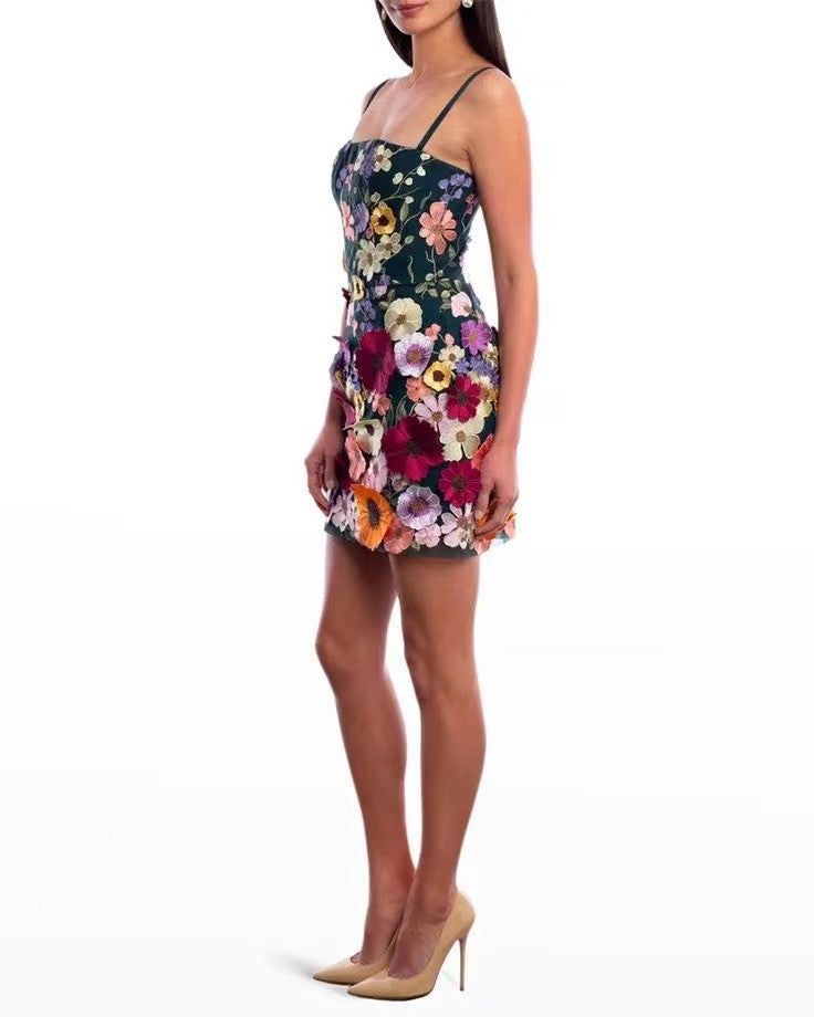 3D Floral Embroidered Slip Dress Elegant Polyester Summer Dress