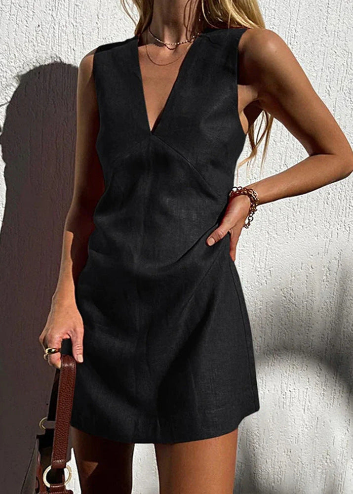 Deep V Linen Mini Dress Sleeveless Sculptural