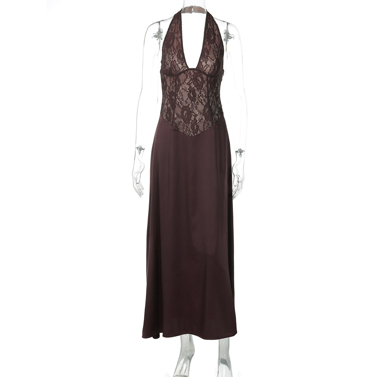 Backless Lace-Trimmed Deep V Neck Dress