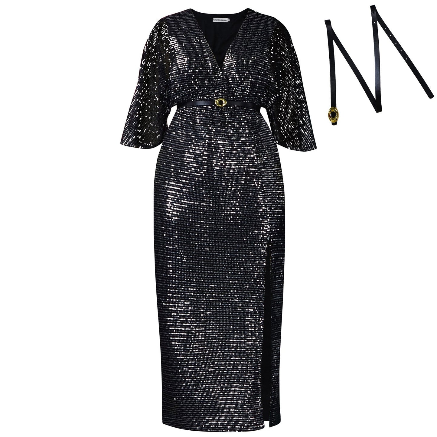 V-Neck Sequin Maxi Dress With Belt For Elegant Occasions