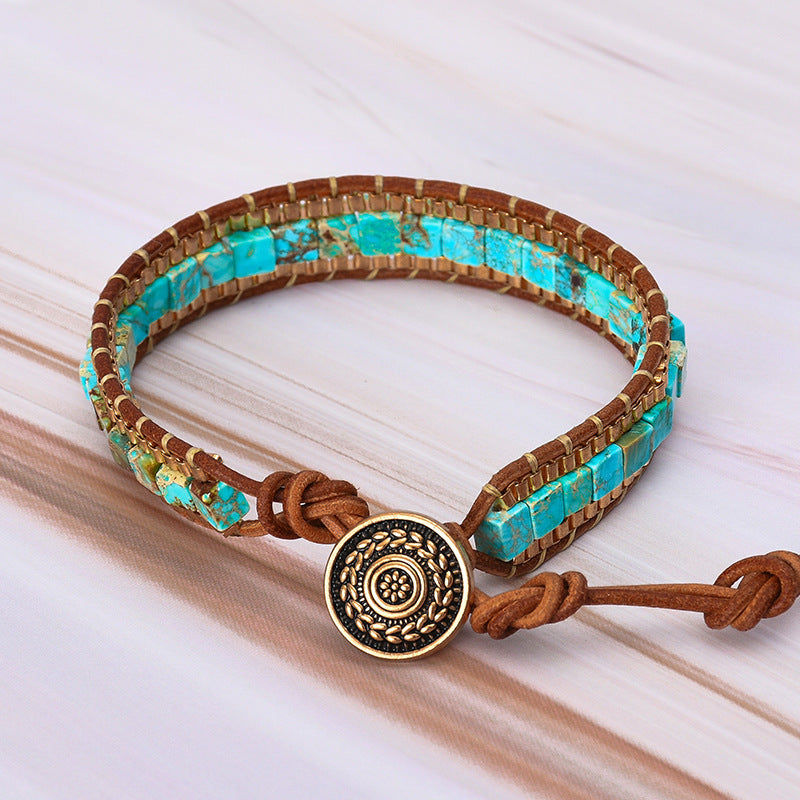 4Mm Square Imperial Stone Chain Hand Woven Bracelet Vintage Leather Bracelet