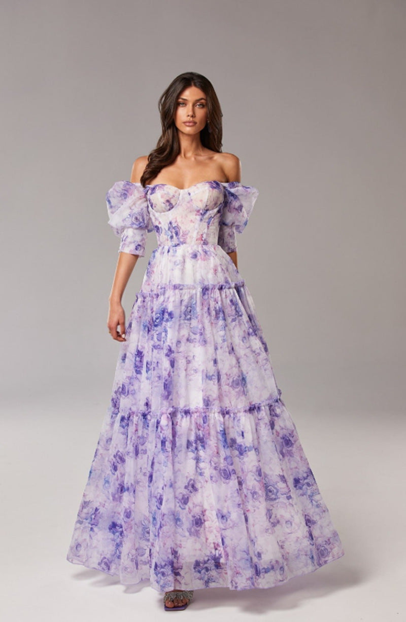 Off-Shoulder Chiffon Evening Gown with 3D Floral Design