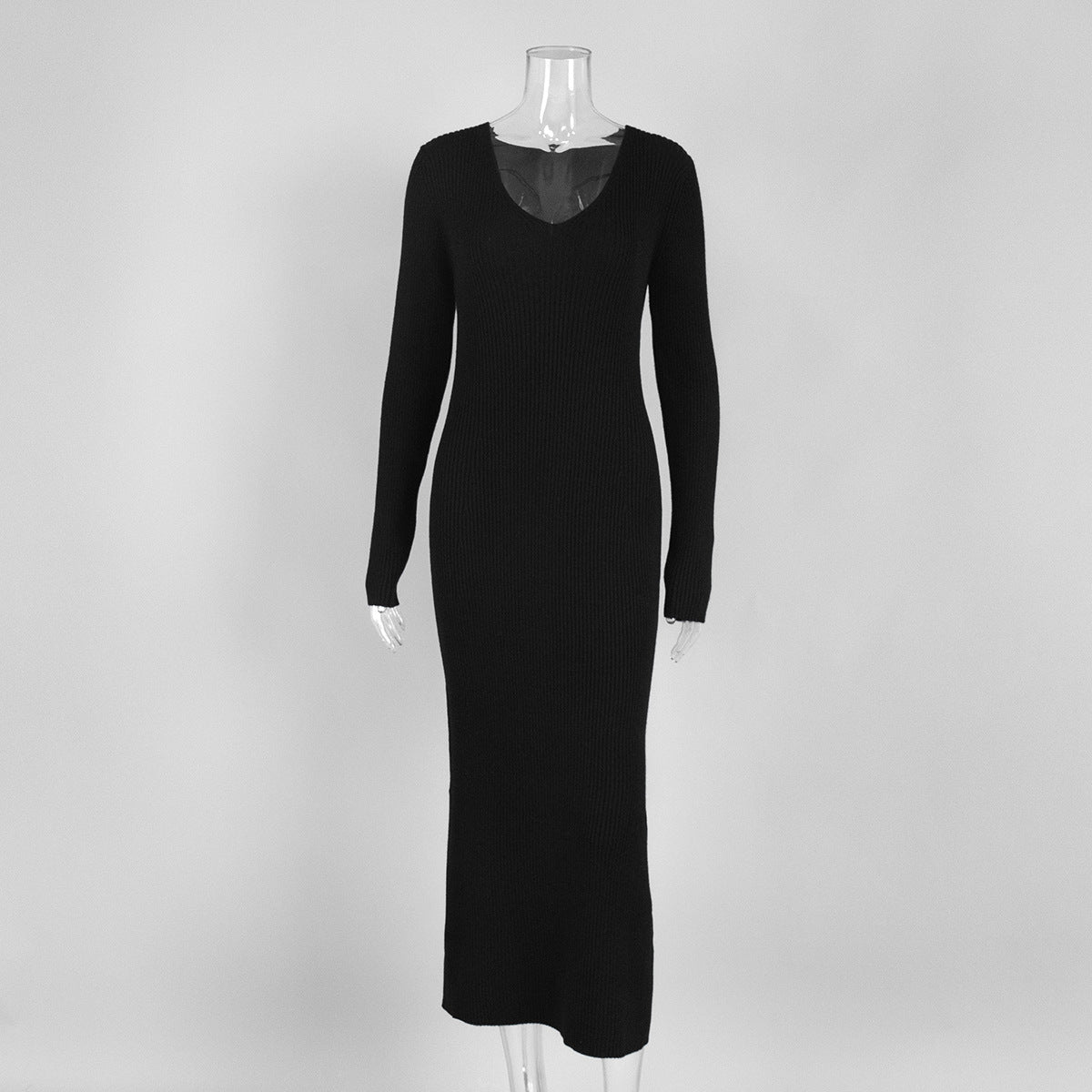 Solid Color Long Sleeve Bodycon Dress V-Neck Elegant Knit Dress