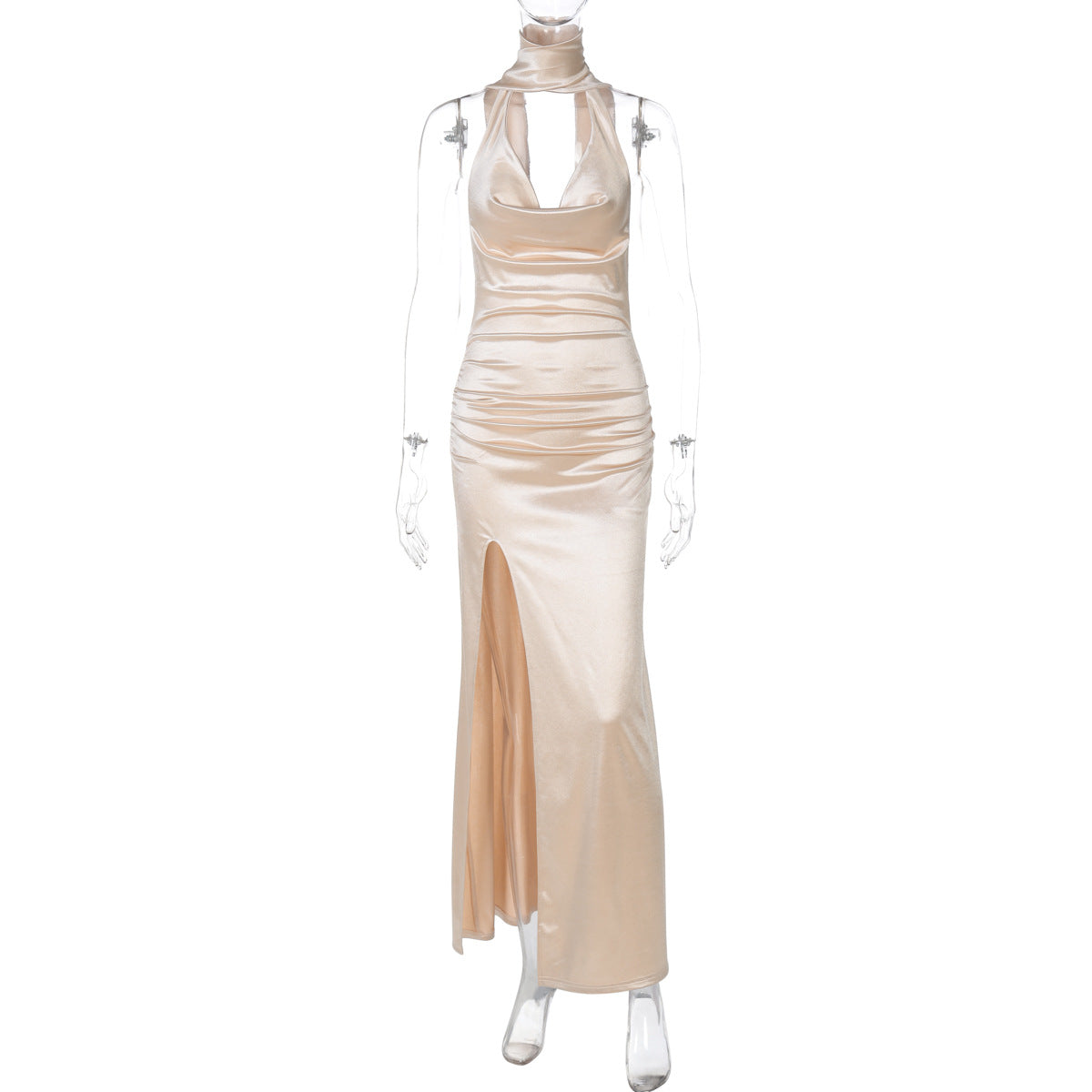 Sexy Deep V Neck Halter Backless Dress with Slit
