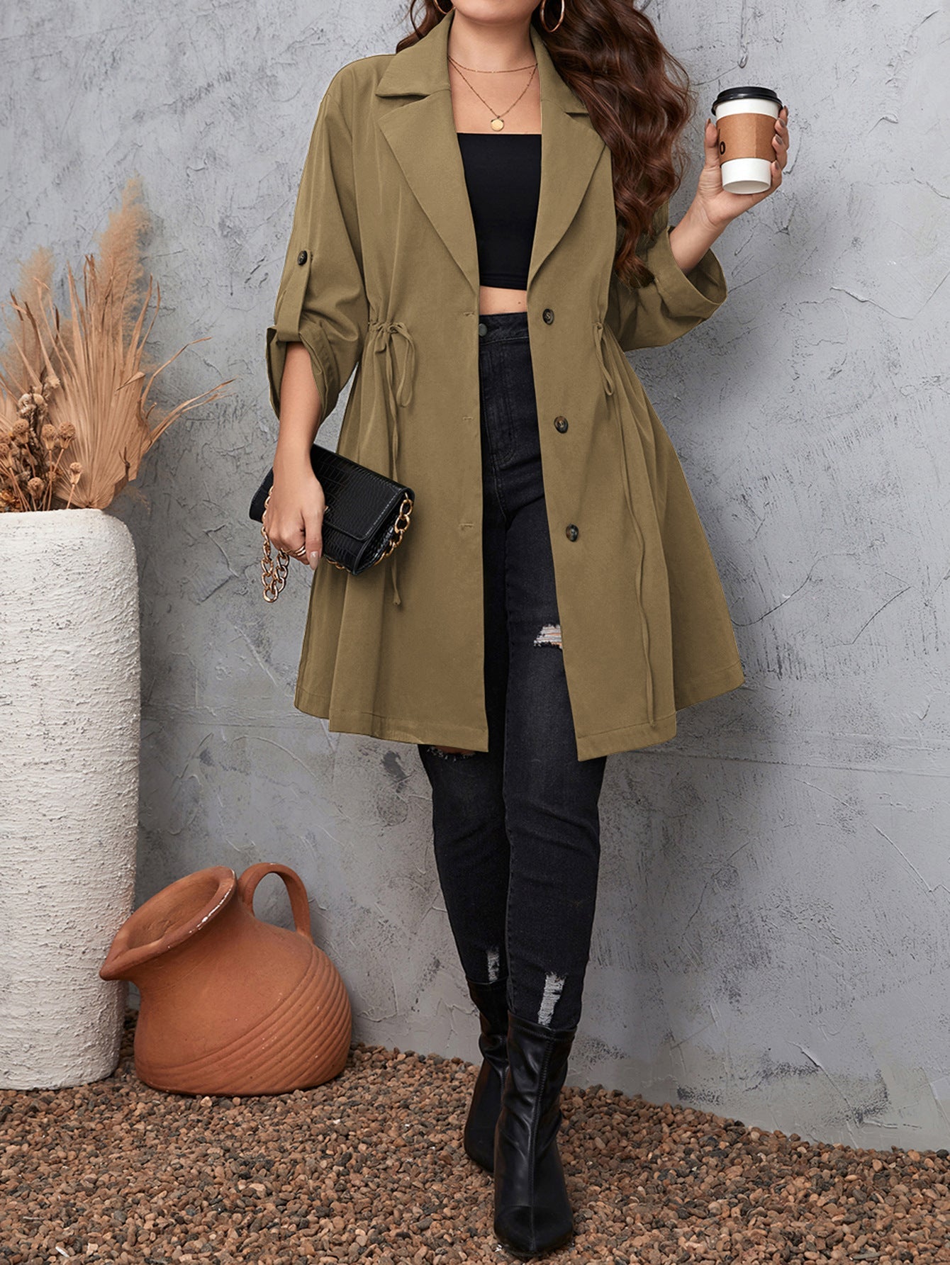 Chic Long Solid Color Blazer With Suit Lapel