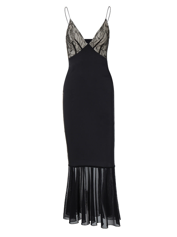 Sexy Lace Panel Cami Dress with Sheer Skirt